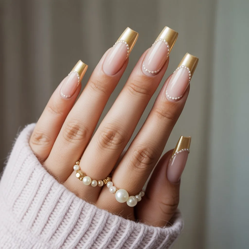 Golden Pearl French Acrylics Nail