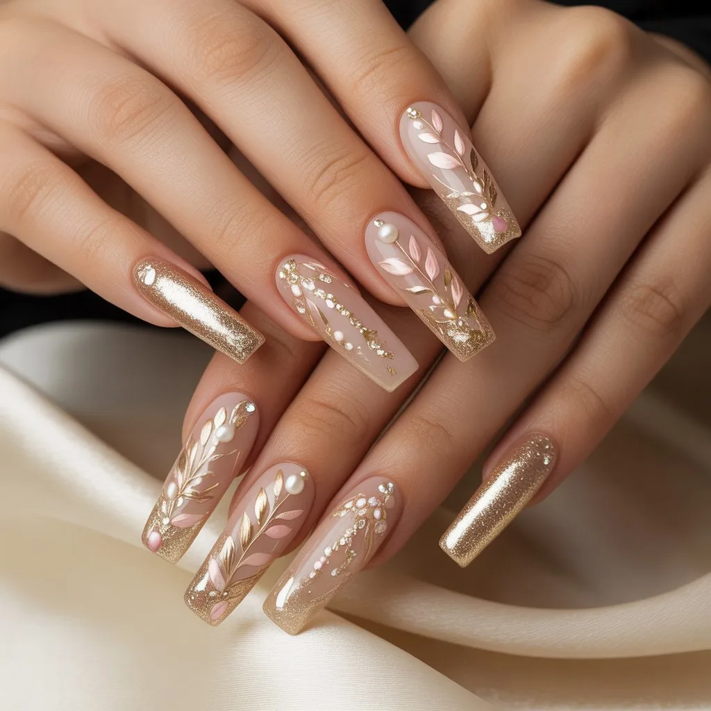 Golden Petal Bridal Nails