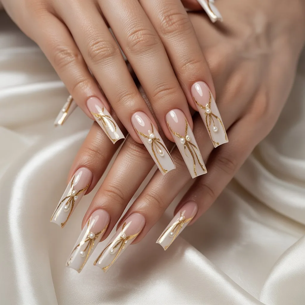 Golden Ribbon Acrylic Art Nails