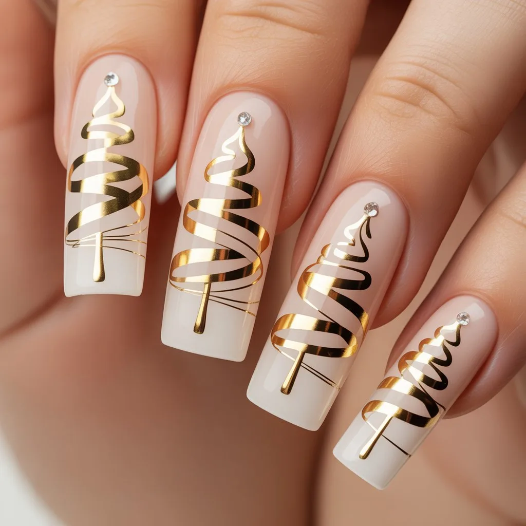 Golden Ribbon Tree Accent Nails