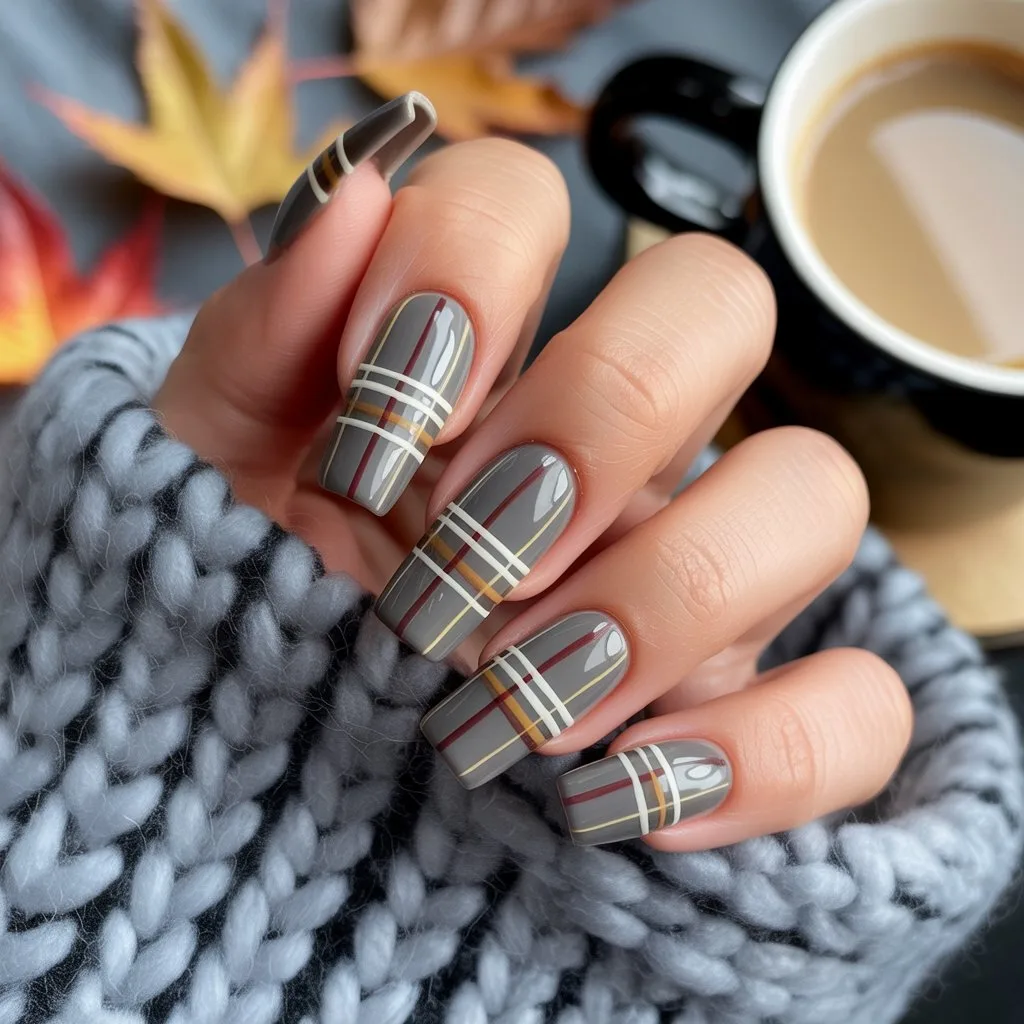 Gray Cozy Blanket Plaid Nails