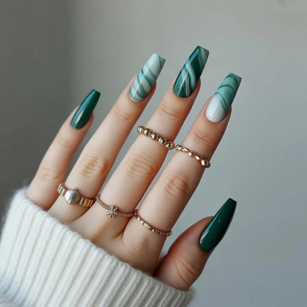 Green Marble Christmas Nails