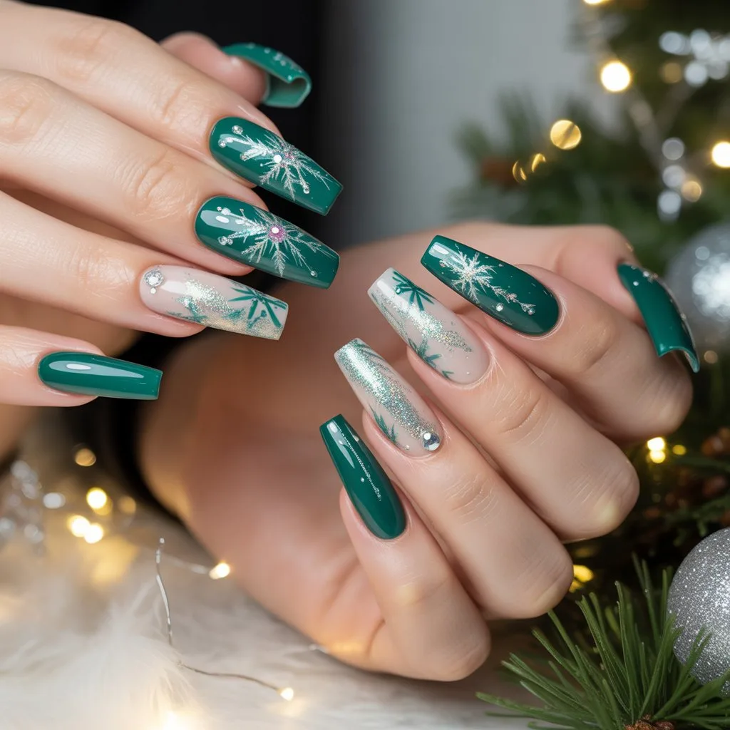 Green Velvet Snowflake Nails
