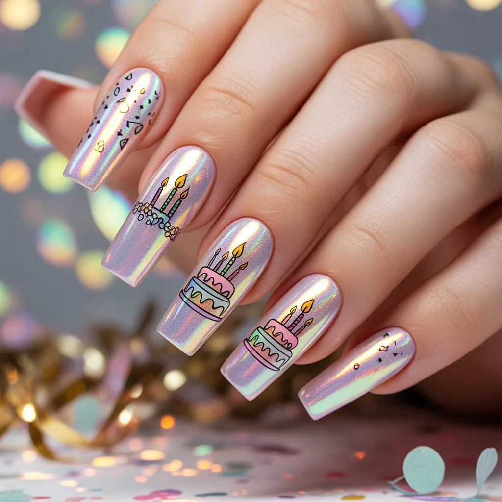 Holographic Birthday Flash Nails