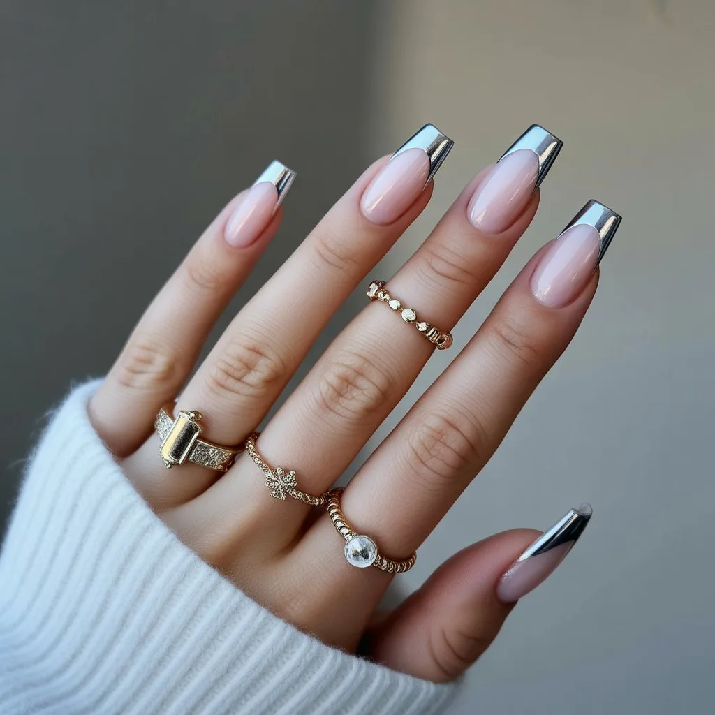 Icy Chrome Edge French Nails