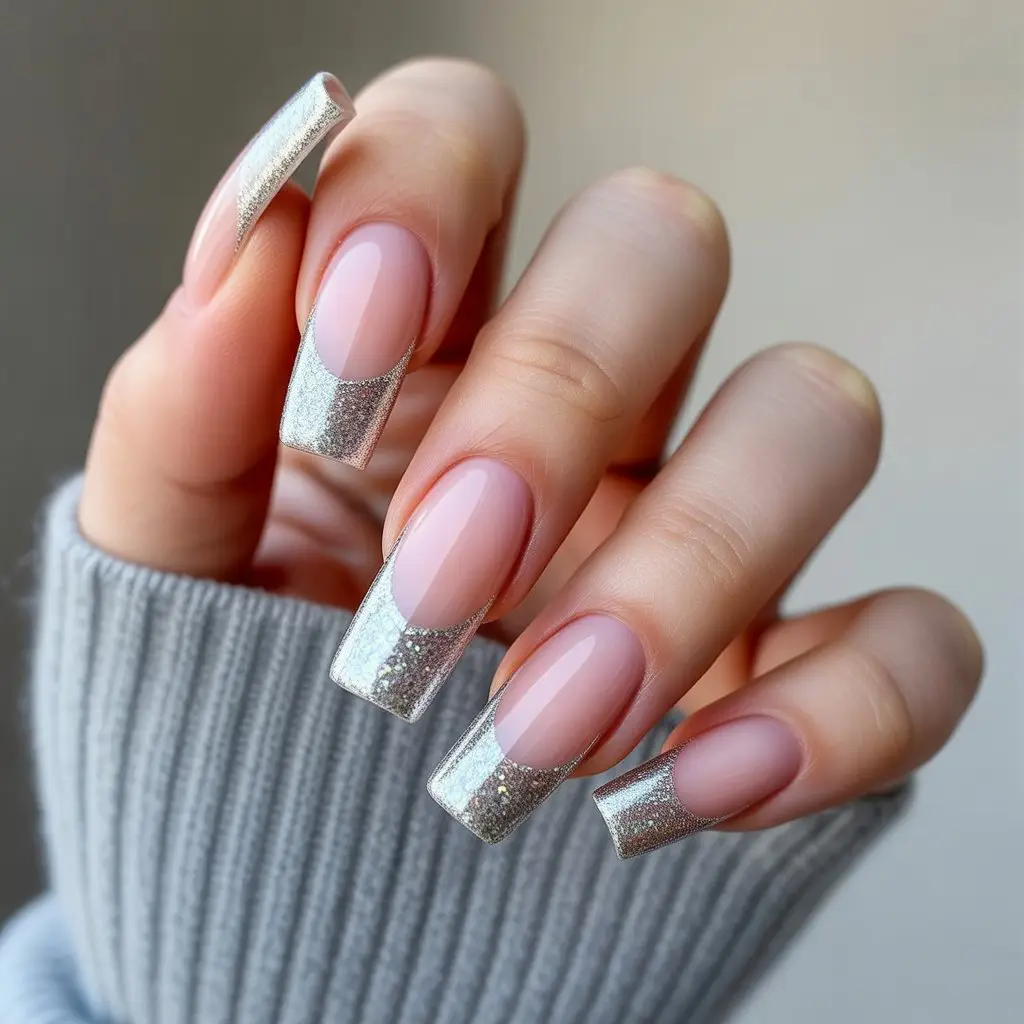 Icy Silver Glitter Tips Nail