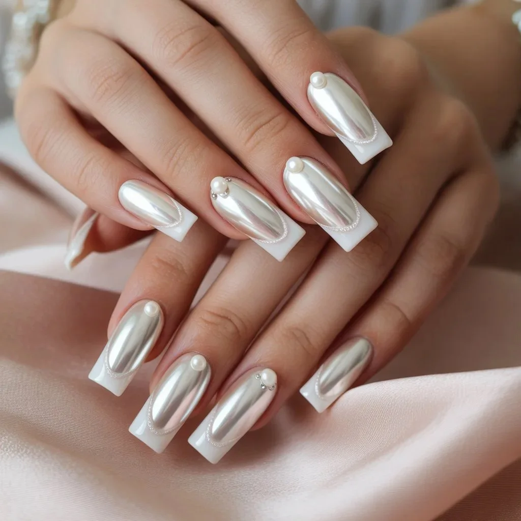 Ivory Chrome Acrylics Nail