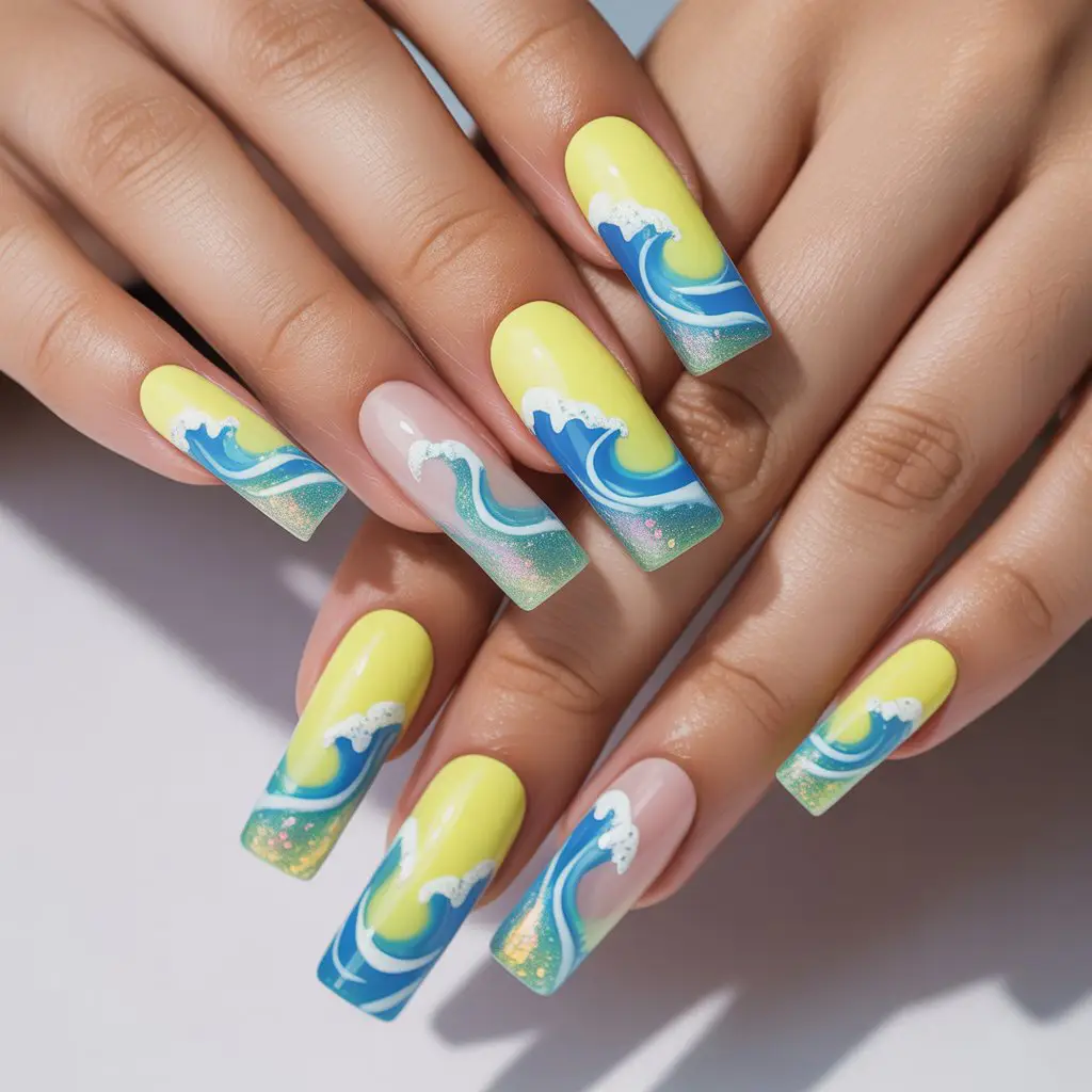 Lemon-Blue Fizzy Waves Nail