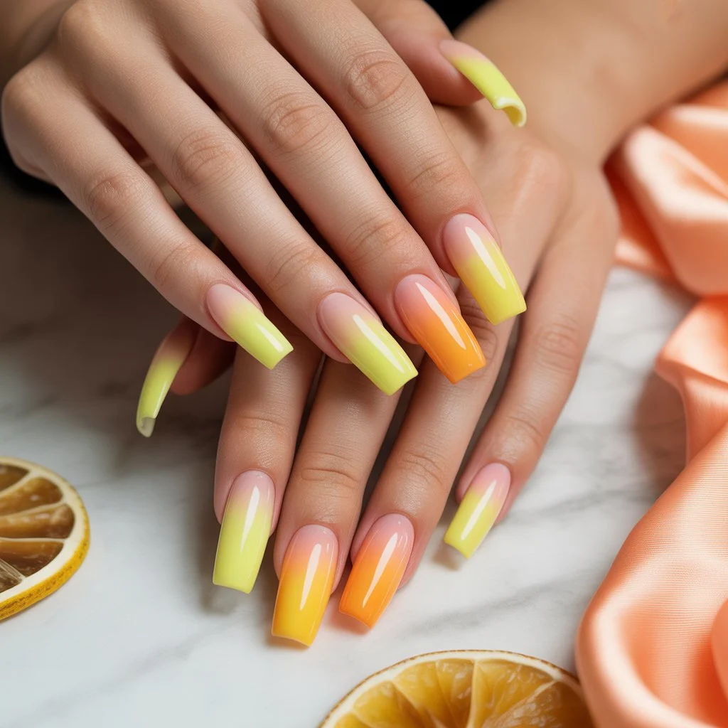 Lemon-to-Peach Soft Fade Nails