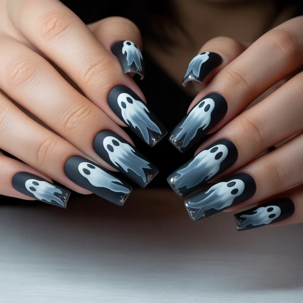 Matte Black Ghost Silhouette Nails
