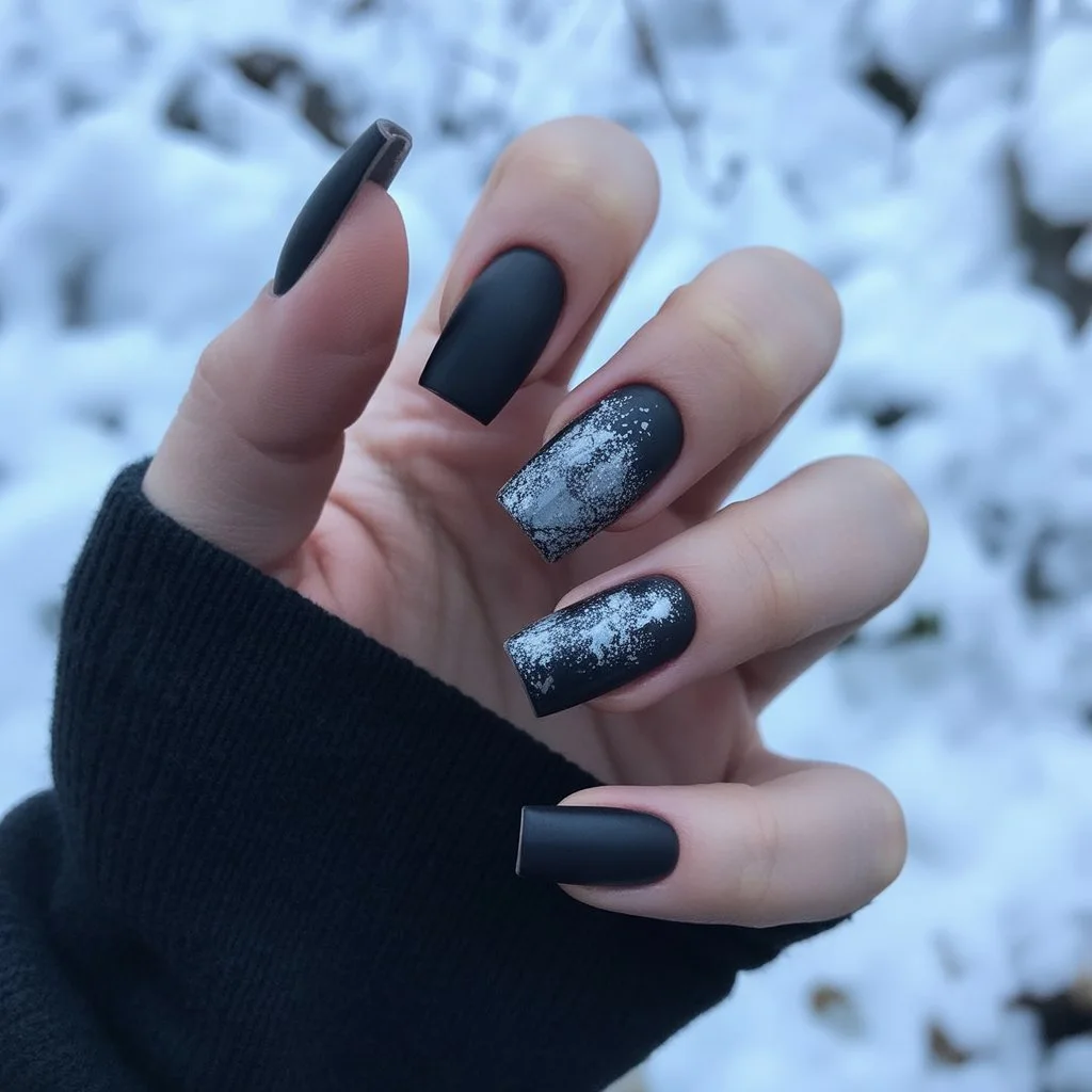 Matte Black Snow Dust Nails