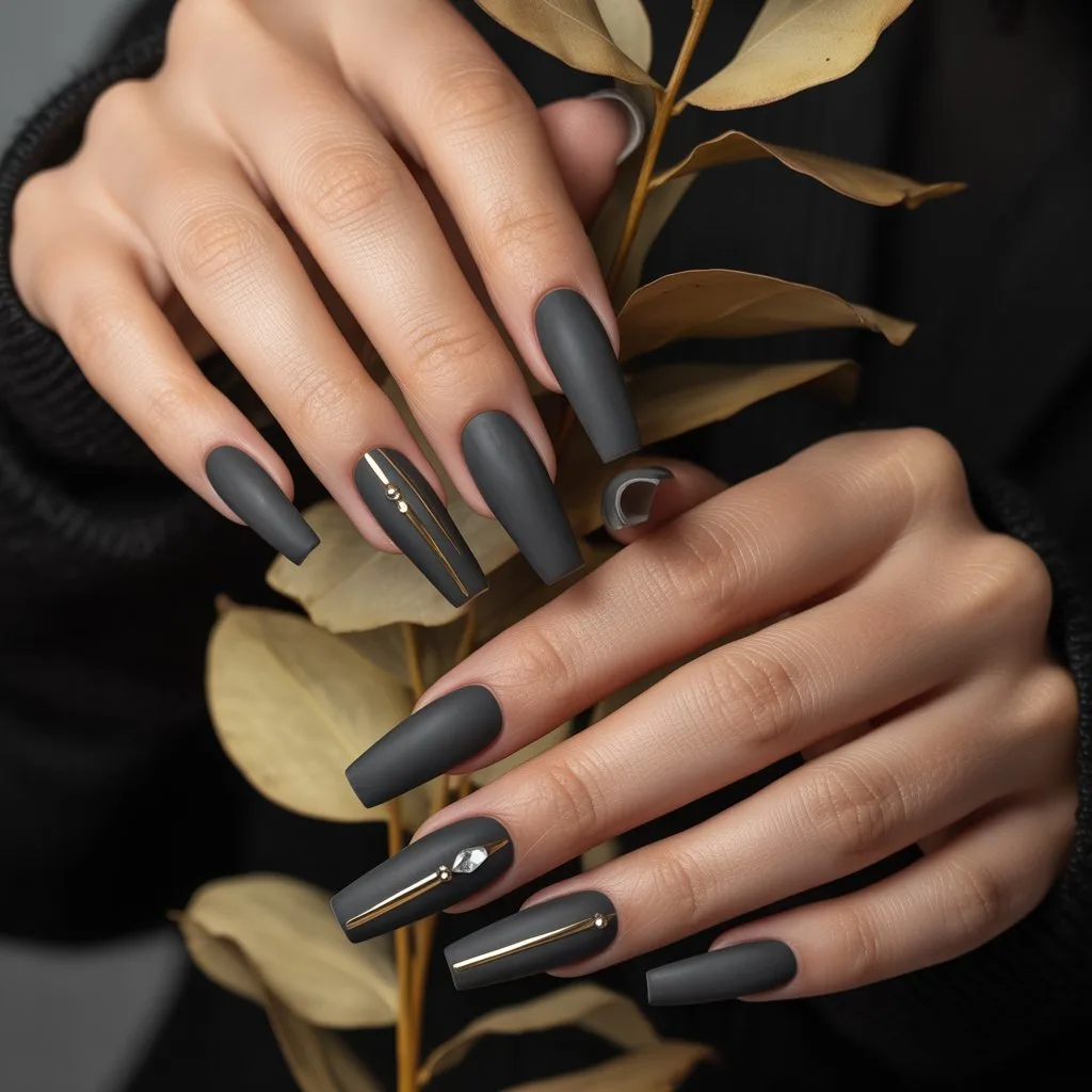 Matte Coal Black Fall Nails