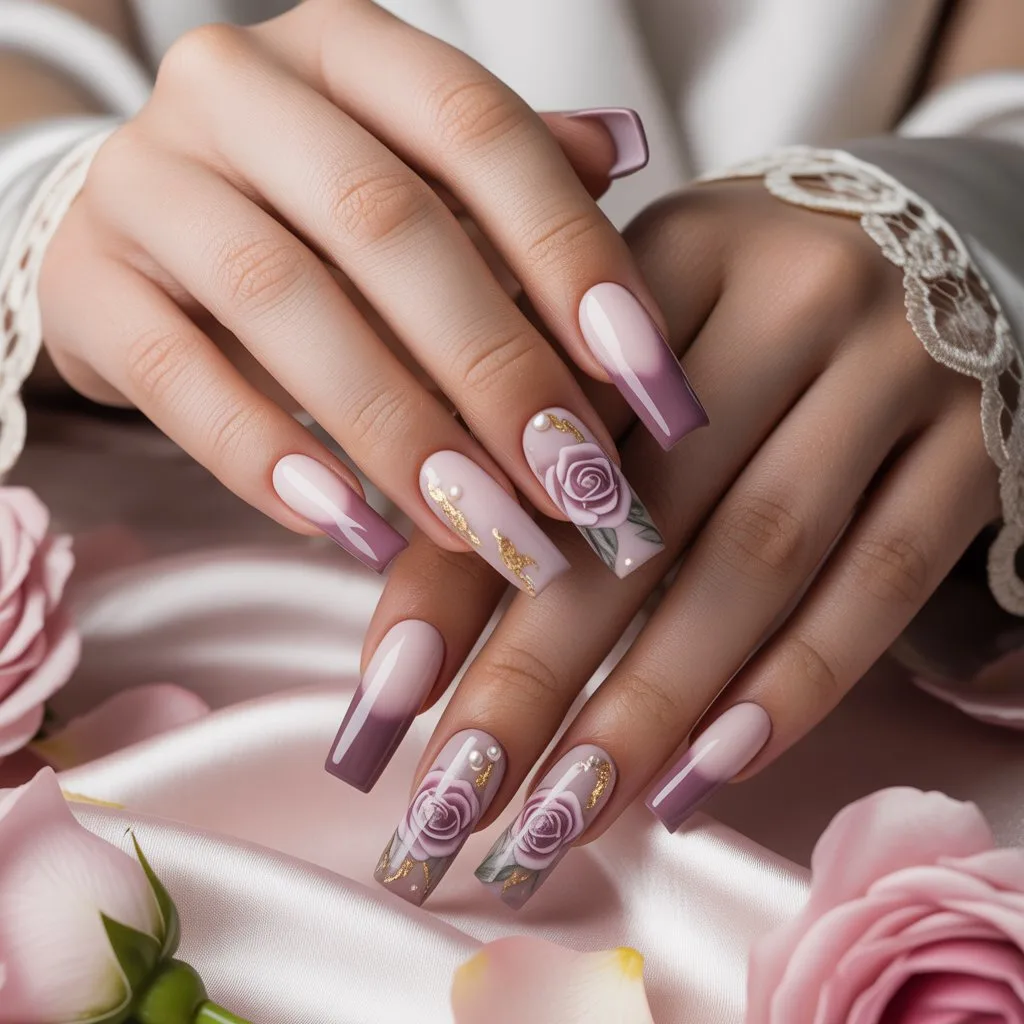 Mauve Rose Bridal Nails