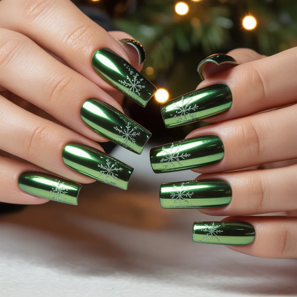 Metallic Green French Shine Nails