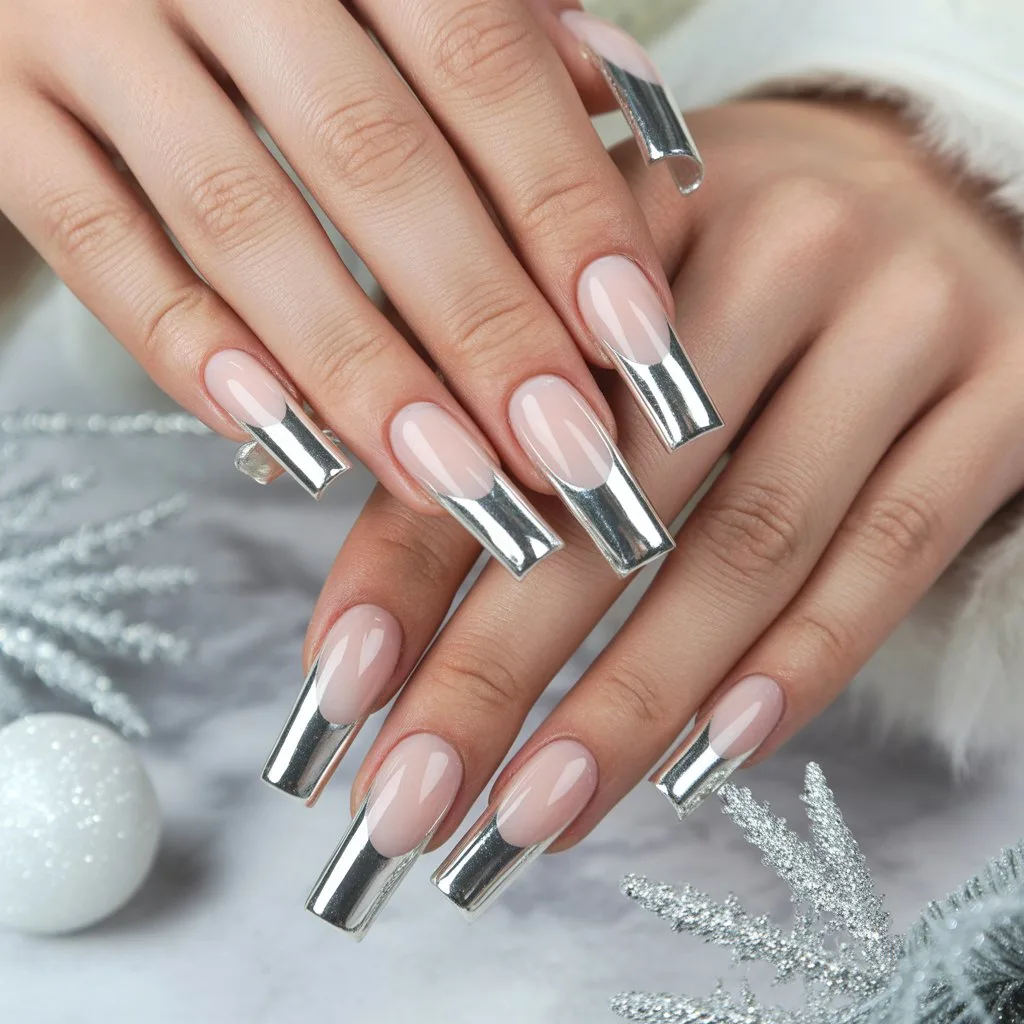 Metallic Silver French Tips Nail