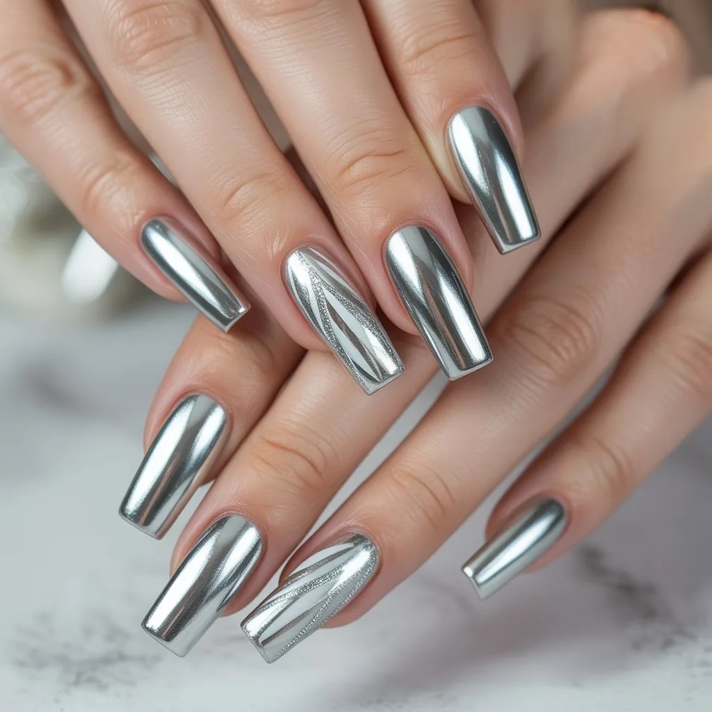 Metallic Silver Stripes Nails