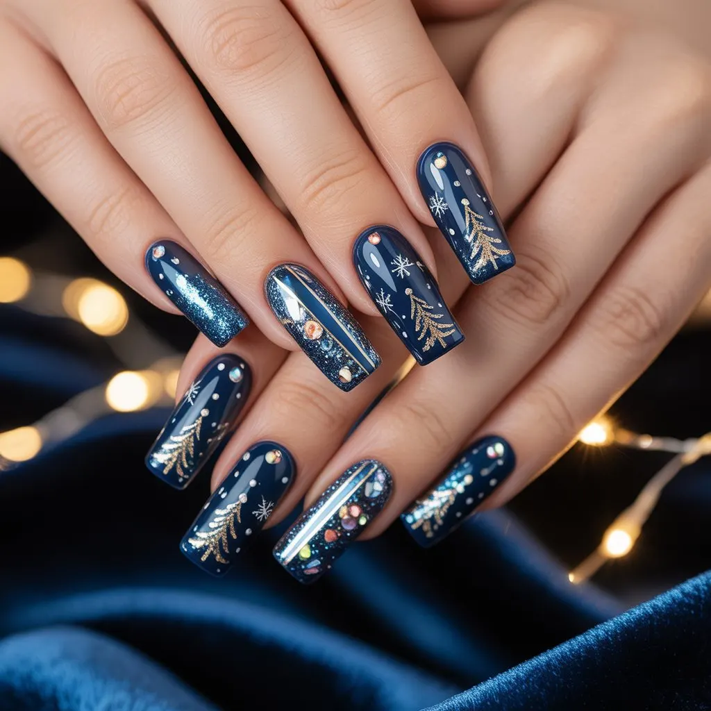 Midnight Blue Christmas Acrylics Nail