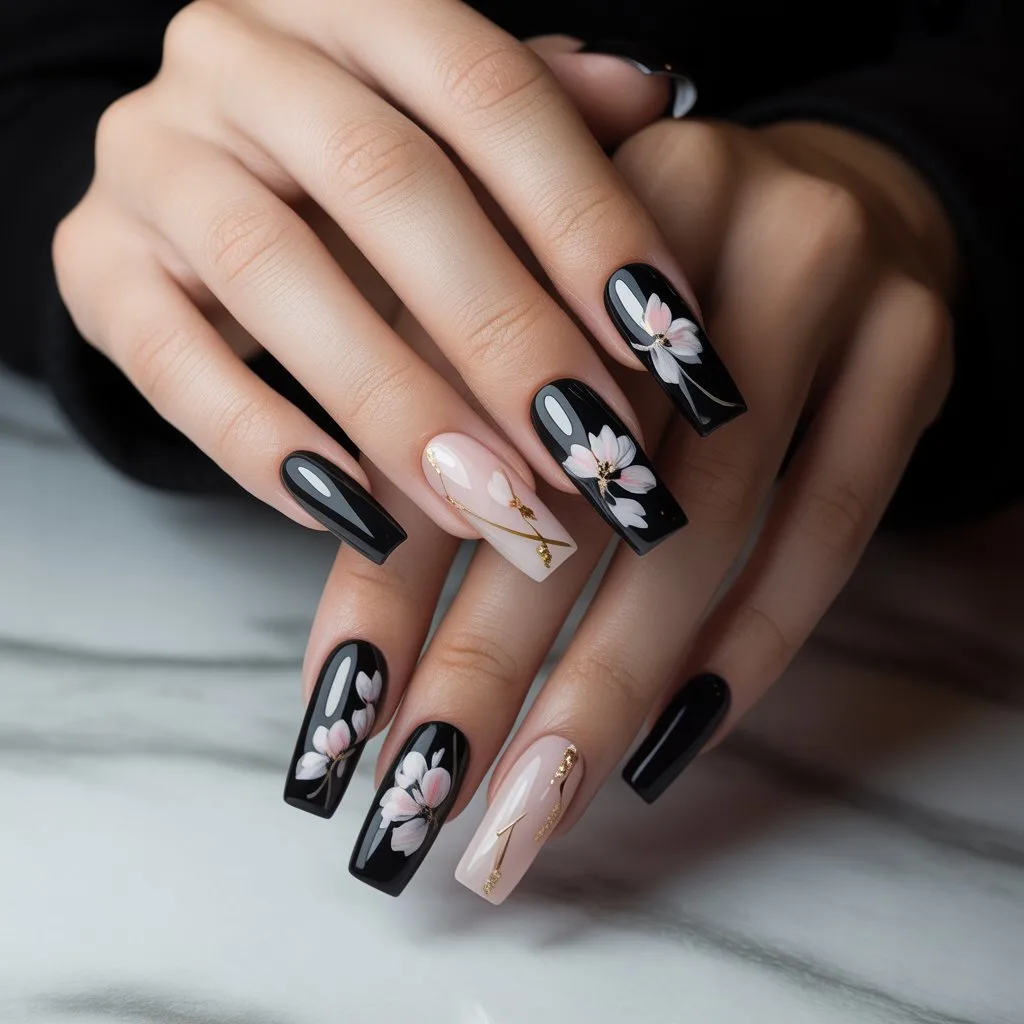 Minimal Floral Black Accents Nail