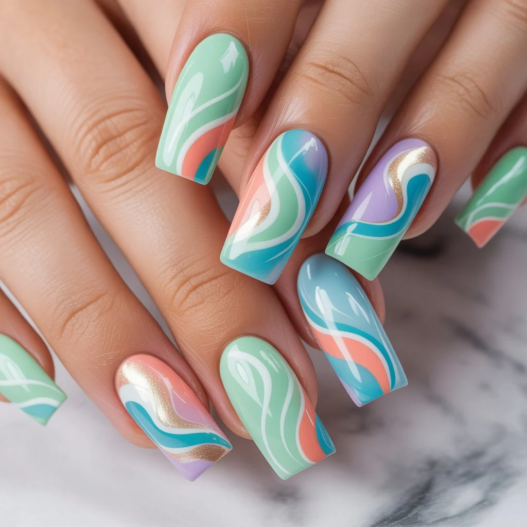 Mint Breeze Whirl Nails