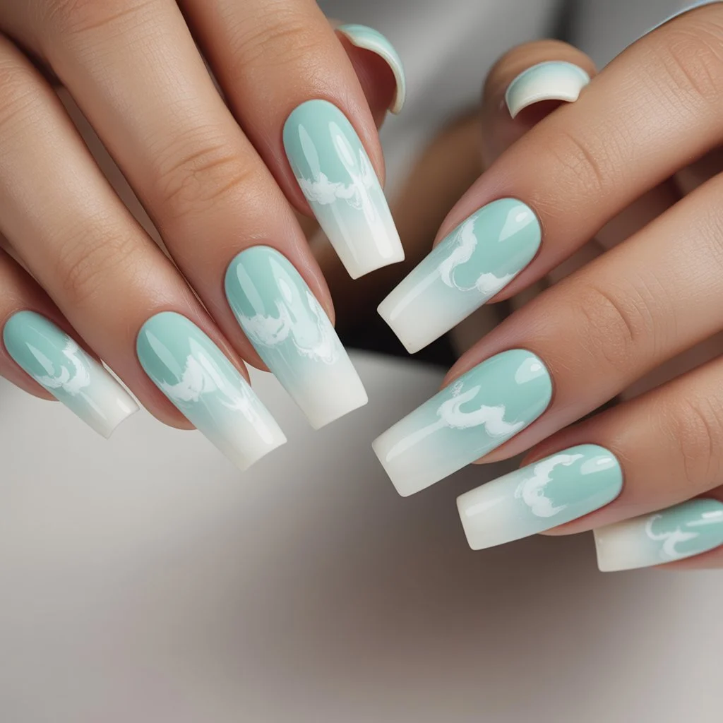 Mint-to-White Cloud Ombre Nails