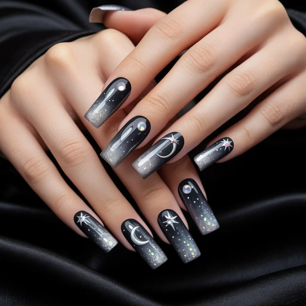 Moonlit Black Ombre Nails