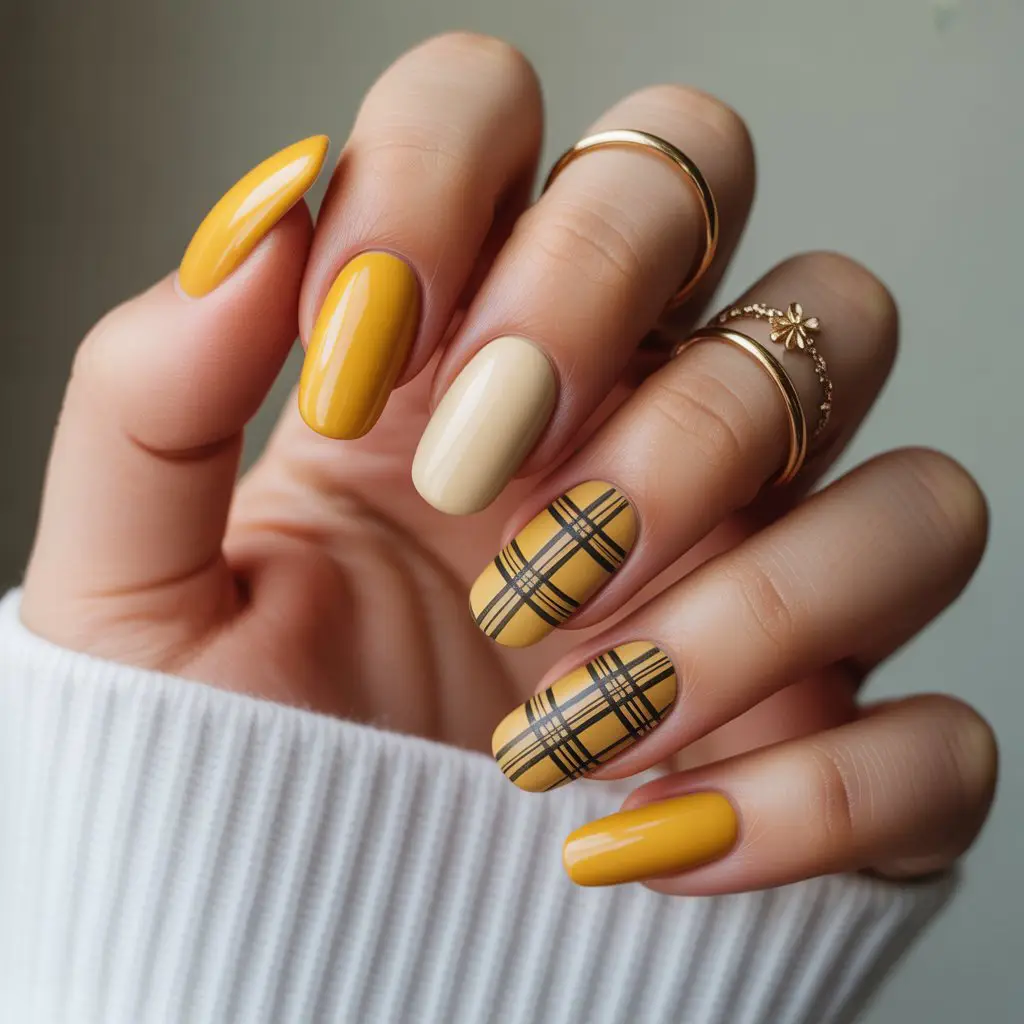 Mustard Yellow Fall Plaid Nails