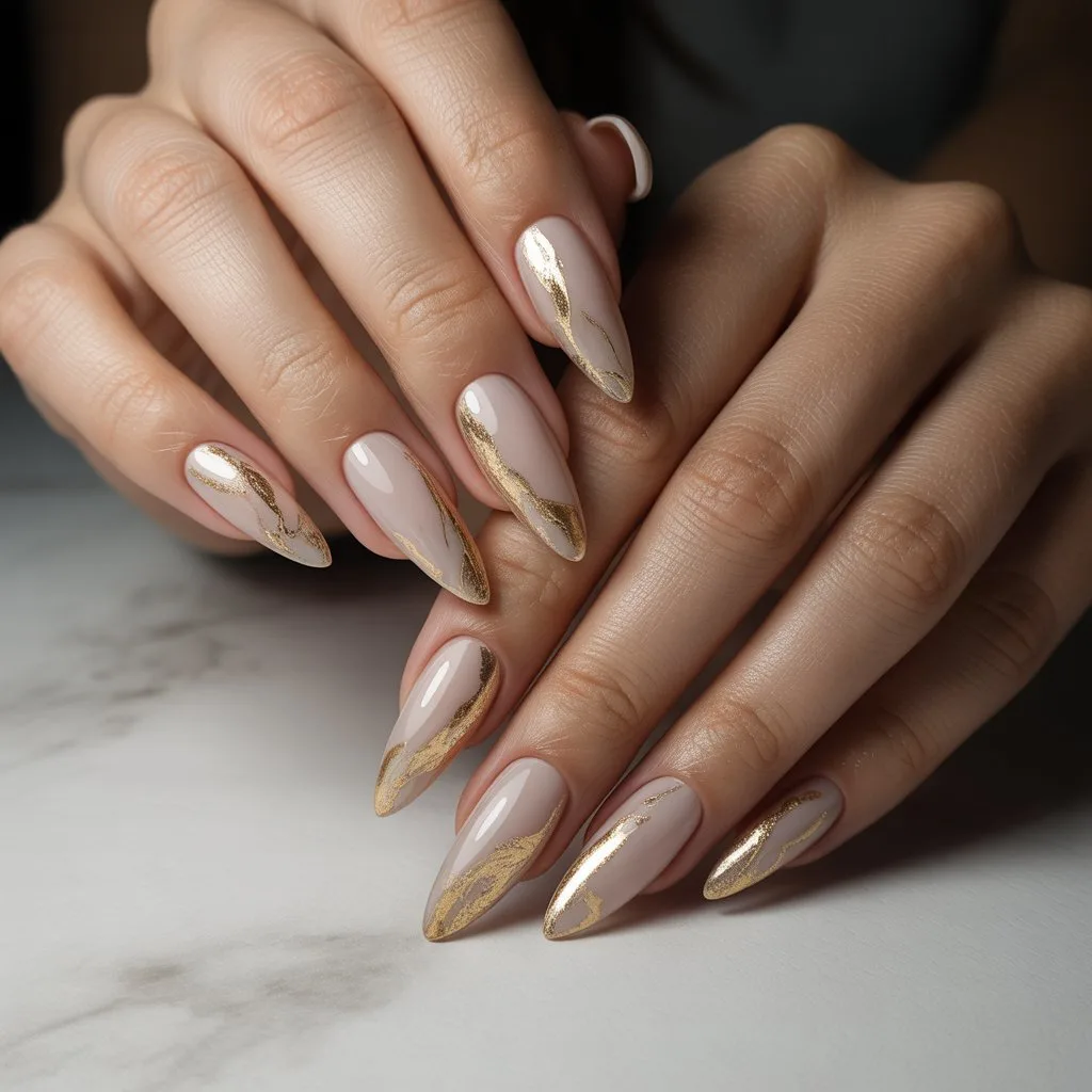 Natural Gold-Glint Neutral Nails