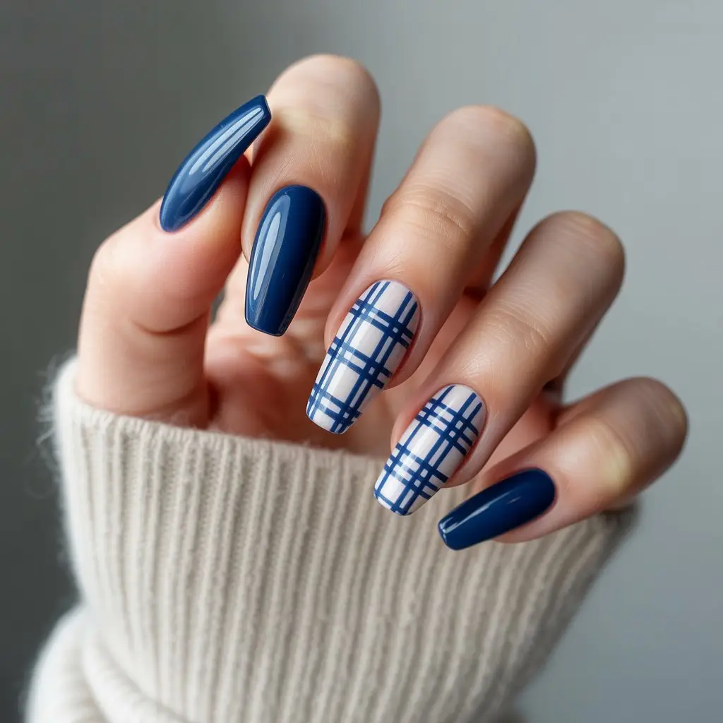 Navy Blue Holiday Plaid Nails