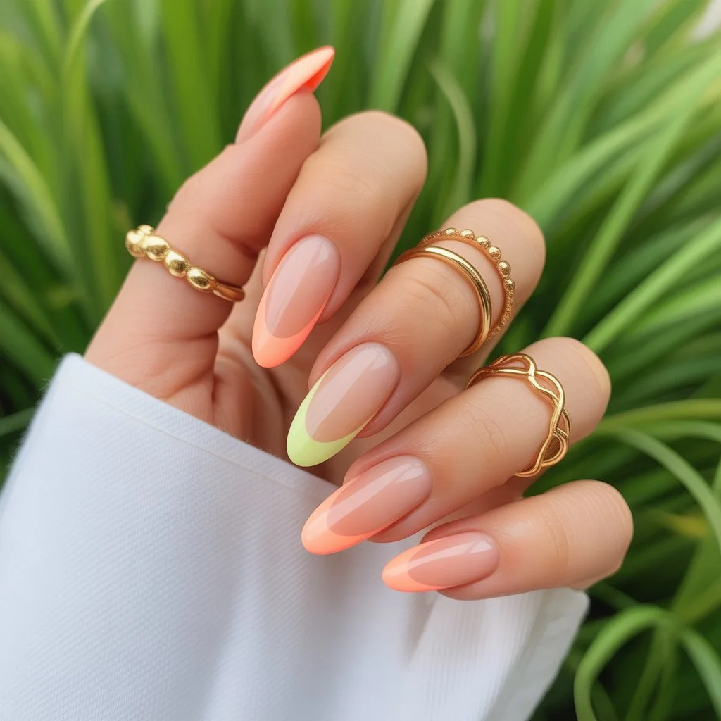 Neon Peach Outline Almond Nails
