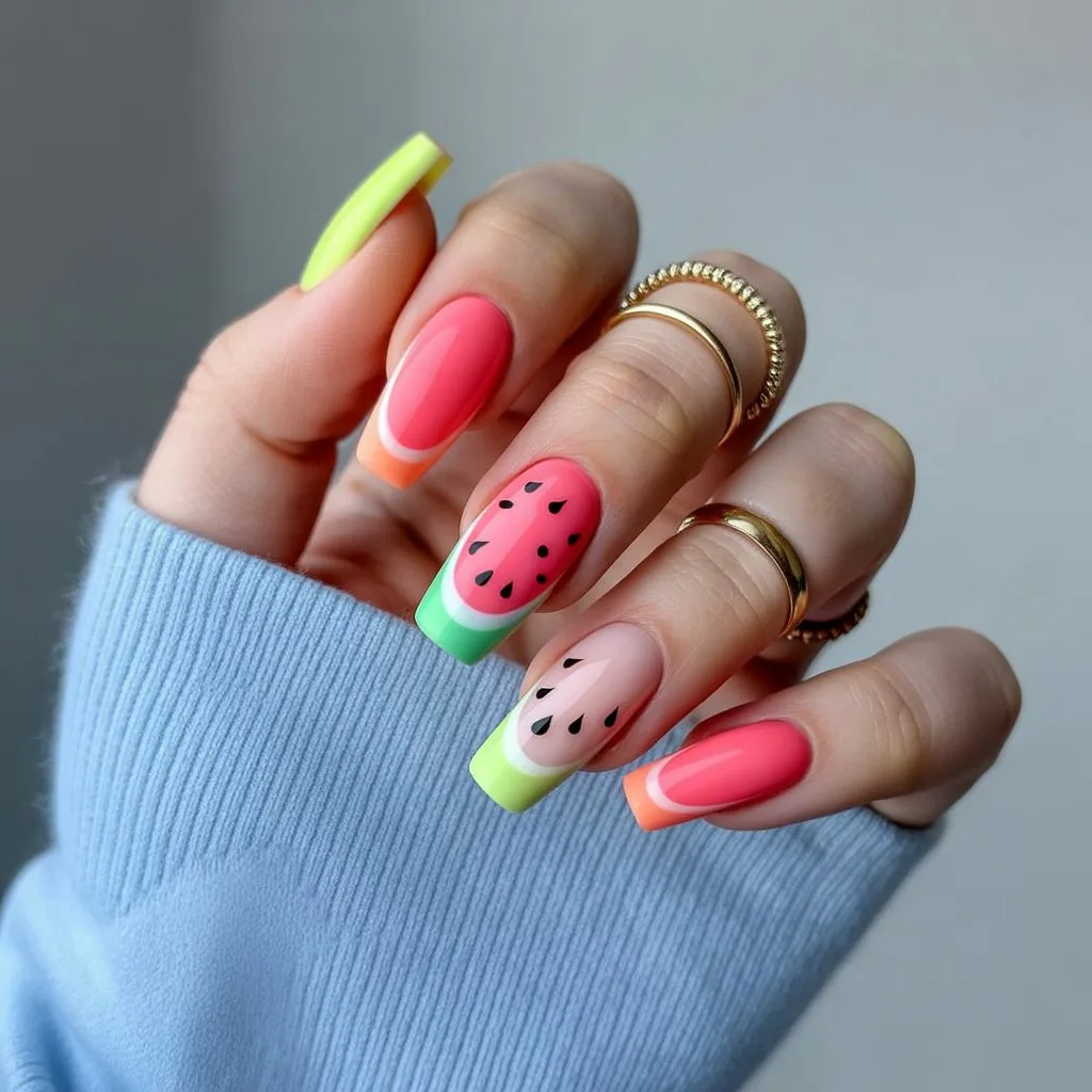 Neon Watermelon Gel Nails