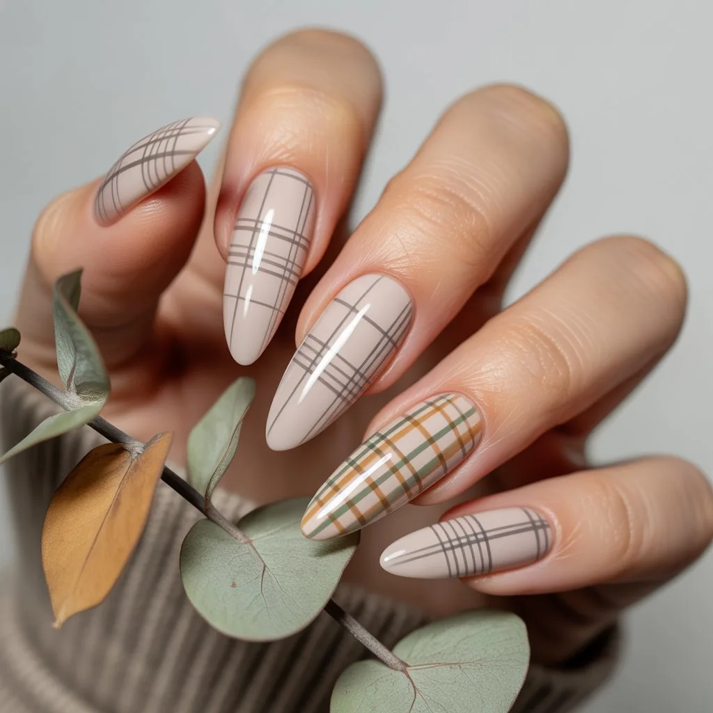 Neutral Micro-Plaid Accent Nails