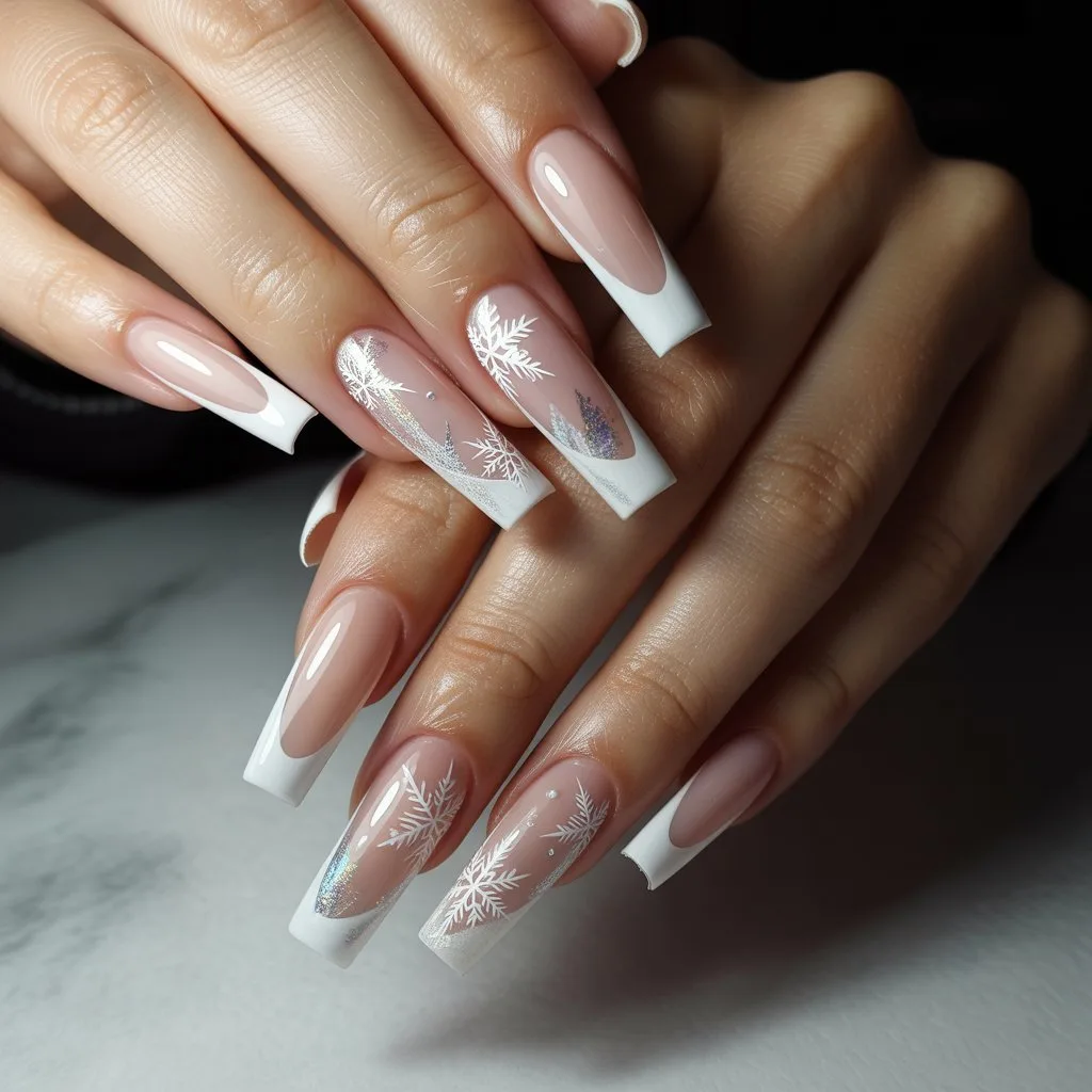 Nude Frostline Snowflake French Nail