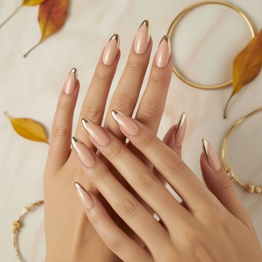 Nude Gold-Edge Micro French Nails
