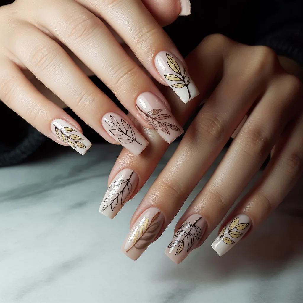 Nude Leaf-Line Art Nails