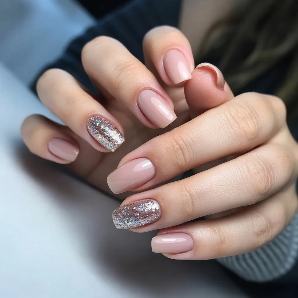 Nude Soft Glitter Fade Nails
