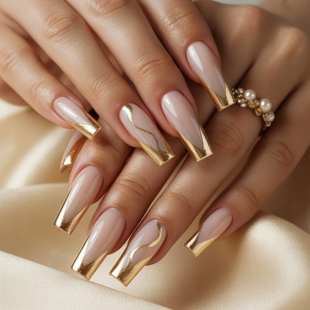 Nude to Gold Ribbon Nails