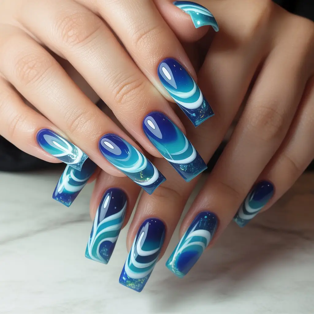 Ocean Blue Swirl Gradient Nails