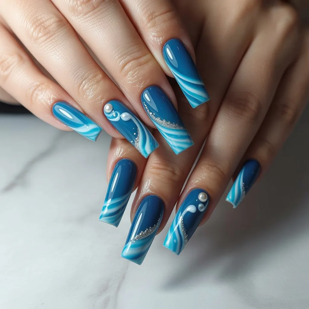 Ocean Wave Blue Gel Nails