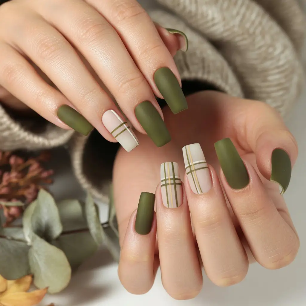 Olive Green Minimal Plaid Nails