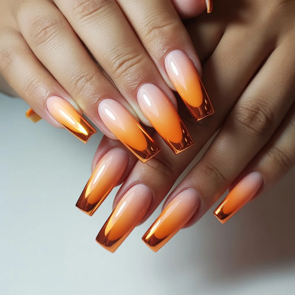 Ombre Sunset Orange Chrome Tips Nail