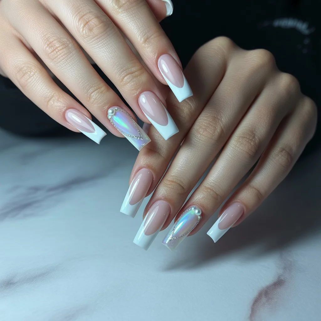Opal Glow Winter French Nails