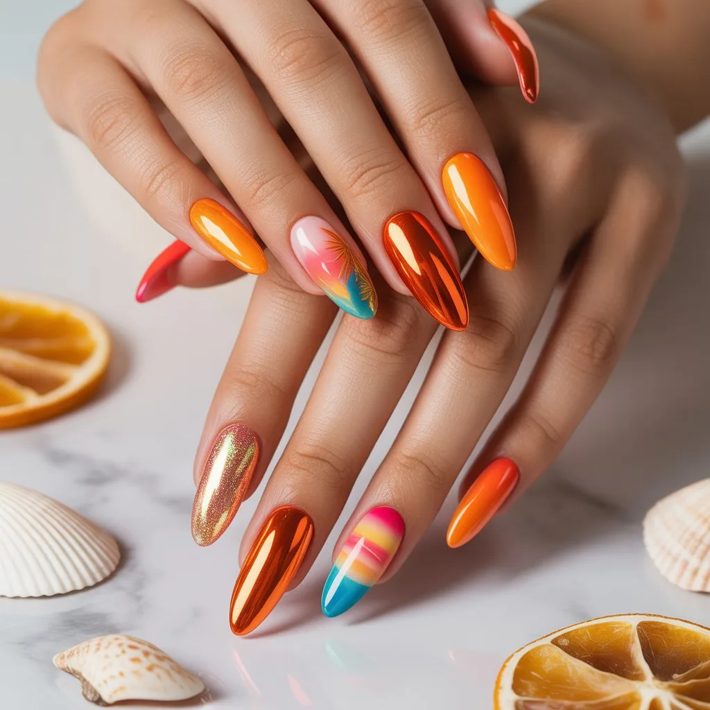 Orange Chrome Shine Nails
