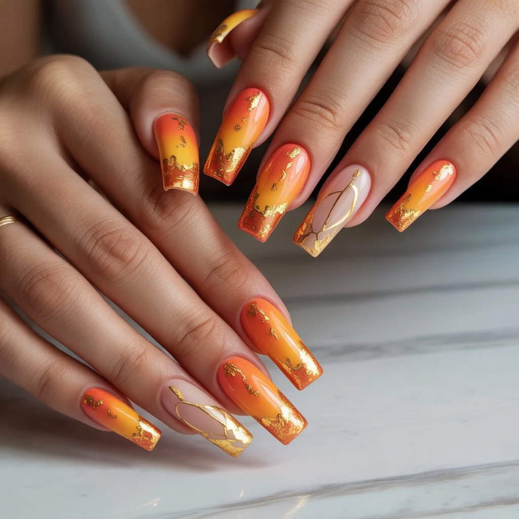 Orange Gold-Flake Glow Nails