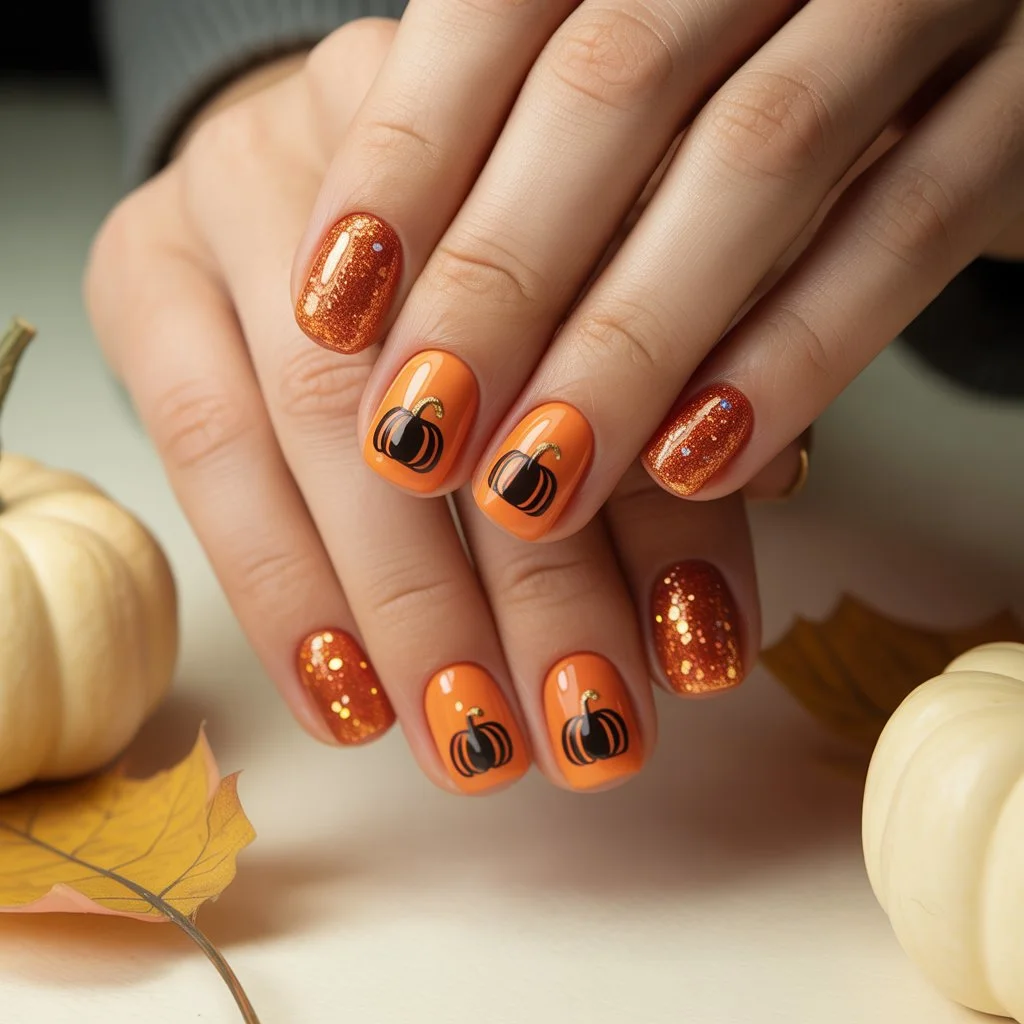 Orange Sparkle Pumpkin Nails