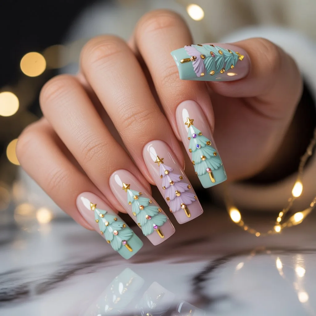 Pastel Christmas Tree Nails