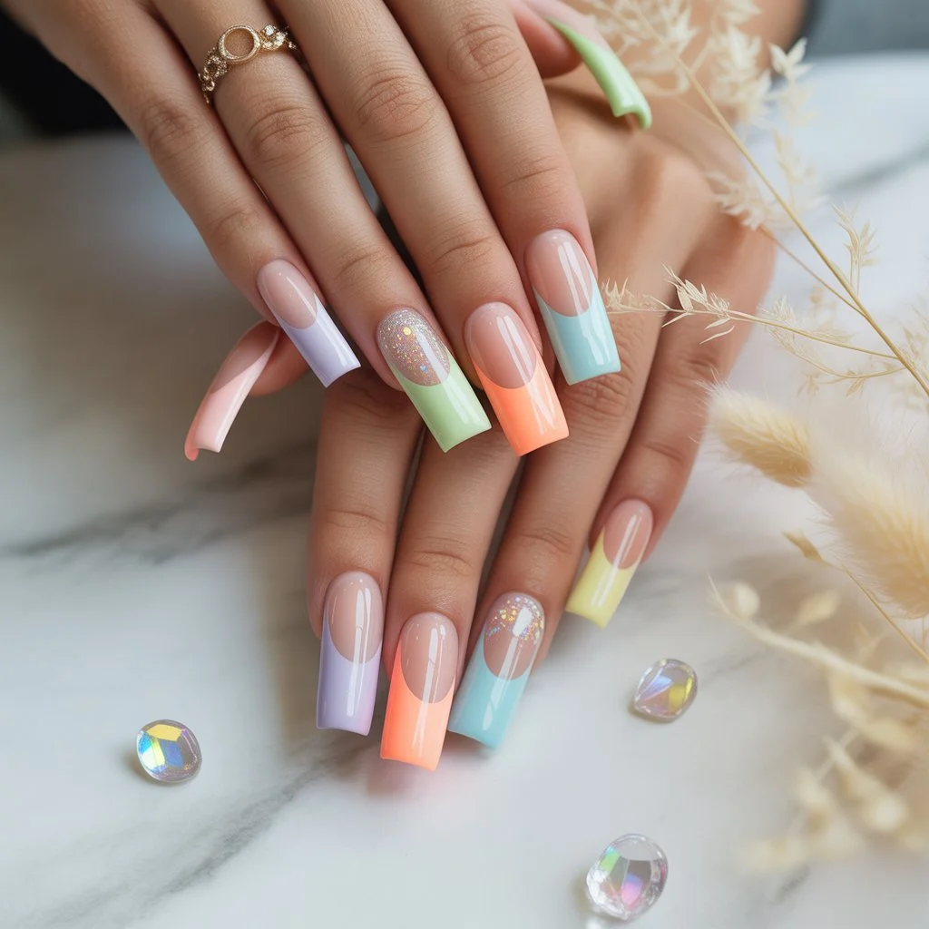 Pastel Rainbow French Gel Nails