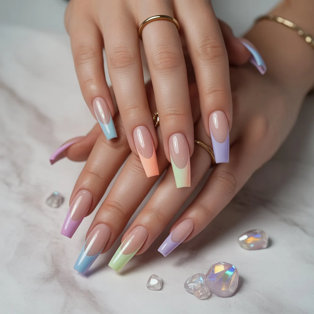 Pastel Rainbow Gel Tips Nail
