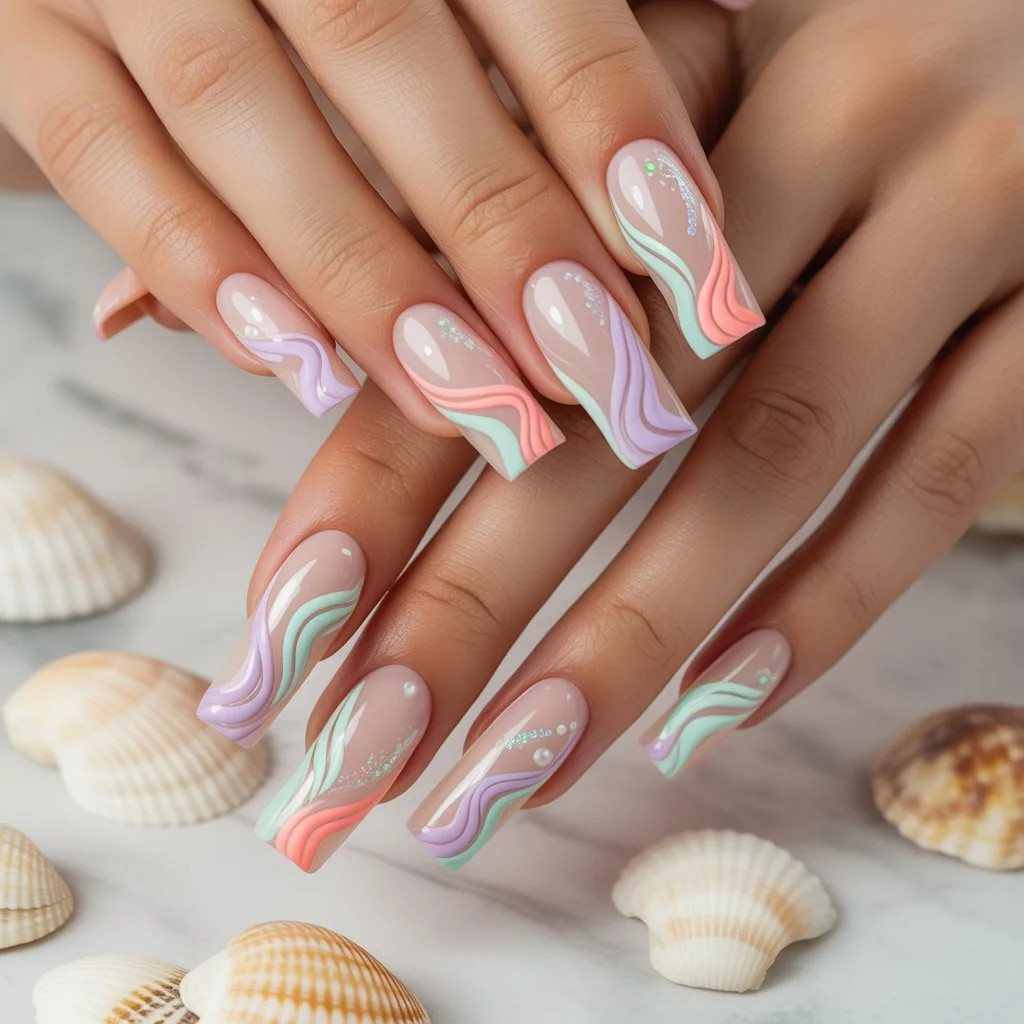 Pastel Wave Line Art Nails