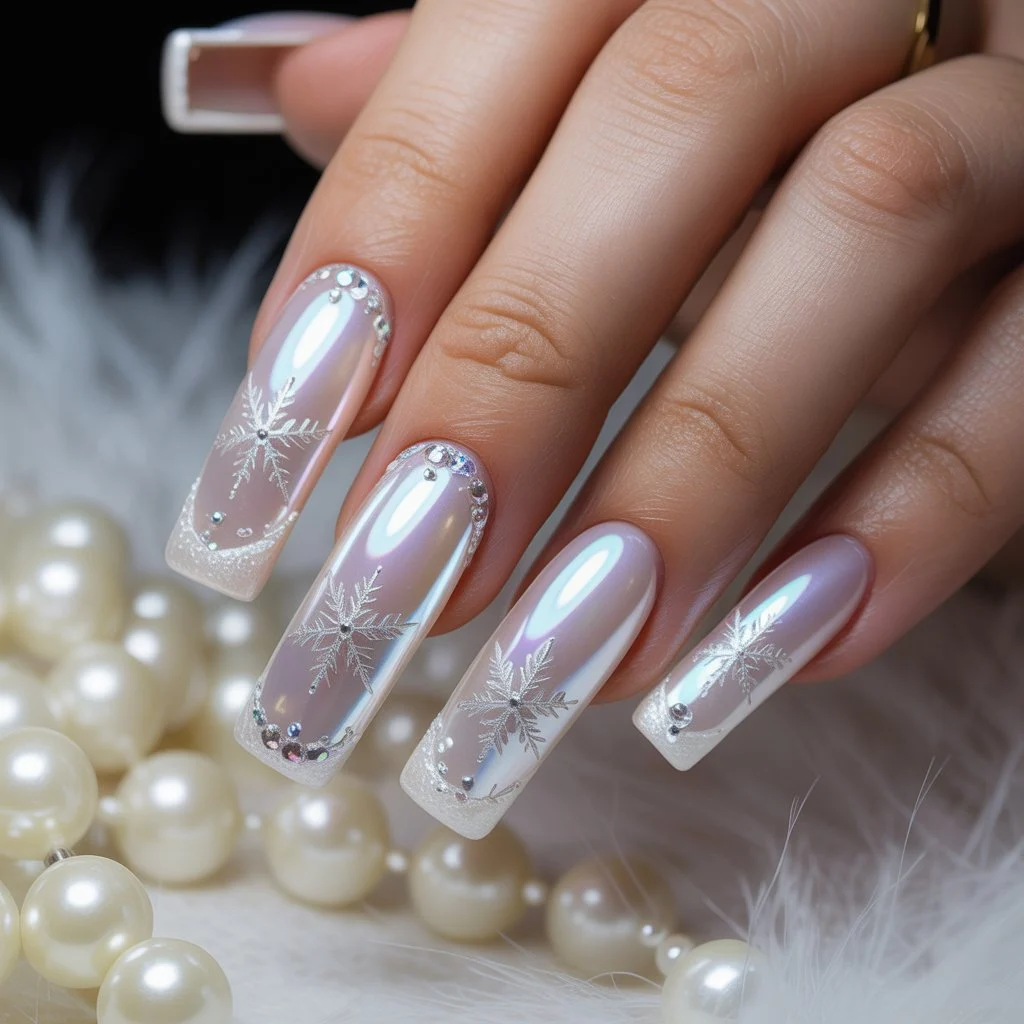Pearl-Glow Winter French Tips Nails