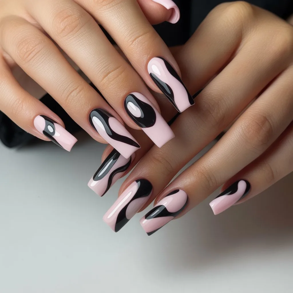 Pink & Black Abstract Nails